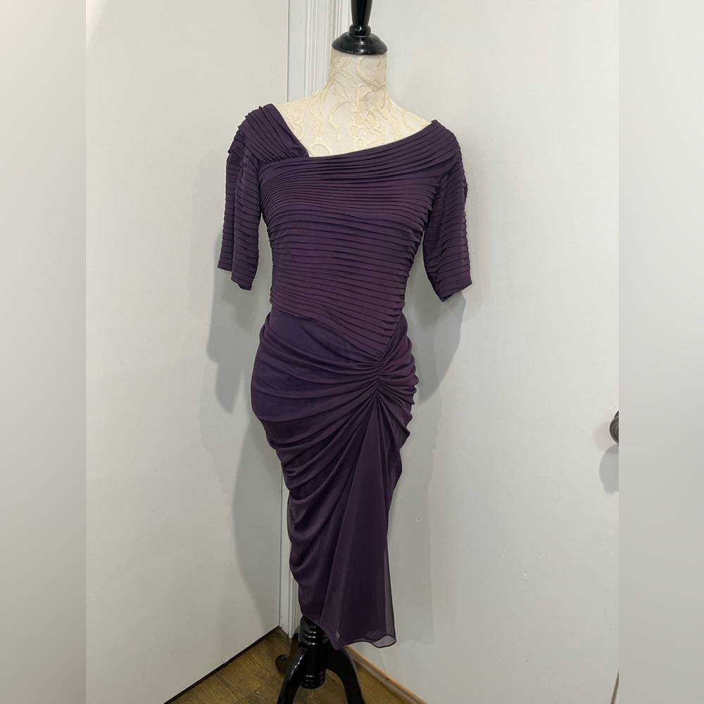Tadashi Shoji Purple Ruched‎ Tulle Sheath Dress Sz. LP - Picture 3 of 10